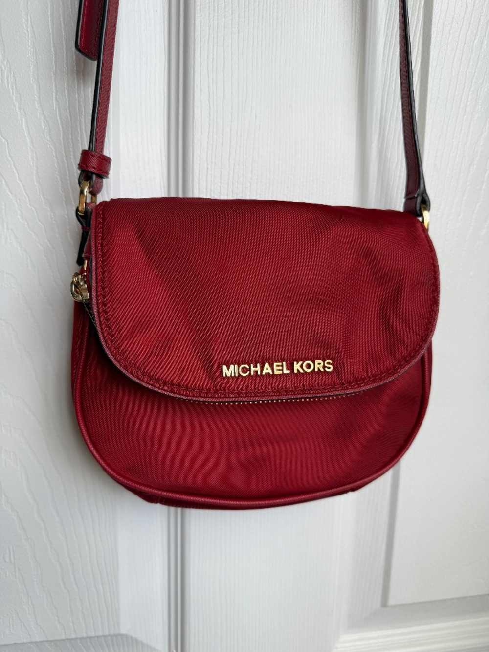 Michael Kors Bedford Red Nylon Flap Crossbody Bag Red Gold Hardware
